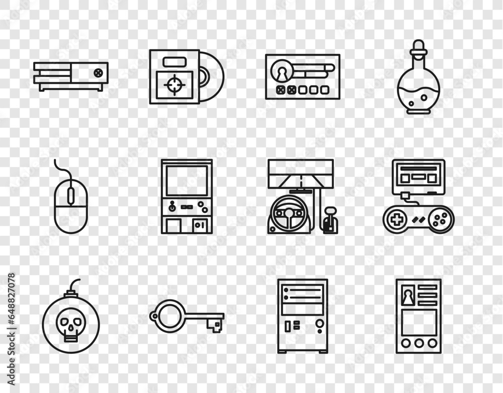 Poster set line bomb ready to explode, create account screen, ancient key for game, video console, retro ar