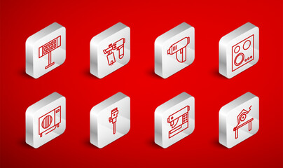 Set line Table saw for woodwork, Nail gun, Electric industrial dryer, Gas stove, Sewing machine, heater, Construction jackhammer and Air conditioner icon. Vector