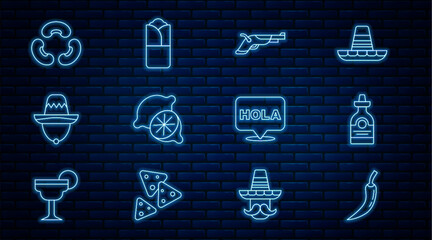 Set line Hot chili pepper pod, Tequila bottle, Vintage pistols, Lime, Mexican sombrero, Beans, Hola and Burrito icon. Vector © vector_v