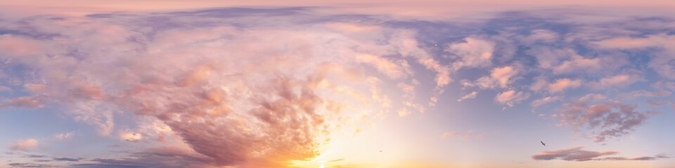 Bright sunset sky panorama with glowing red pink Cumulus clouds. HDR 360 seamless spherical panorama. Sky dome or zenith in 3D, sky replacement for aerial drone panoramas. Climate and weather change. - obrazy, fototapety, plakaty