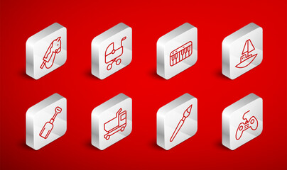 Set line Gamepad, Baby stroller, Music synthesizer, Toy boat, Paint brush, horse, truck and Shovel toy icon. Vector
