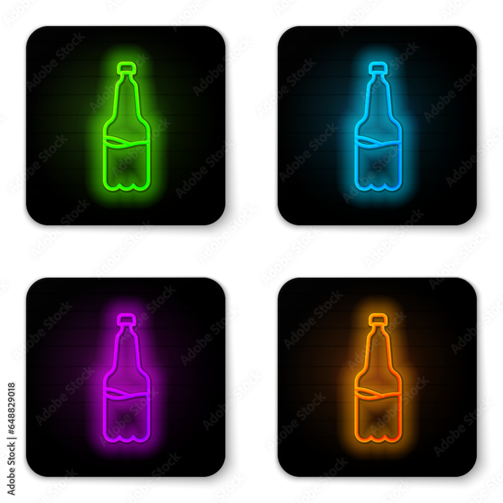 Sticker glowing neon line plastic beer bottle icon isolated on white background. black square button. vector