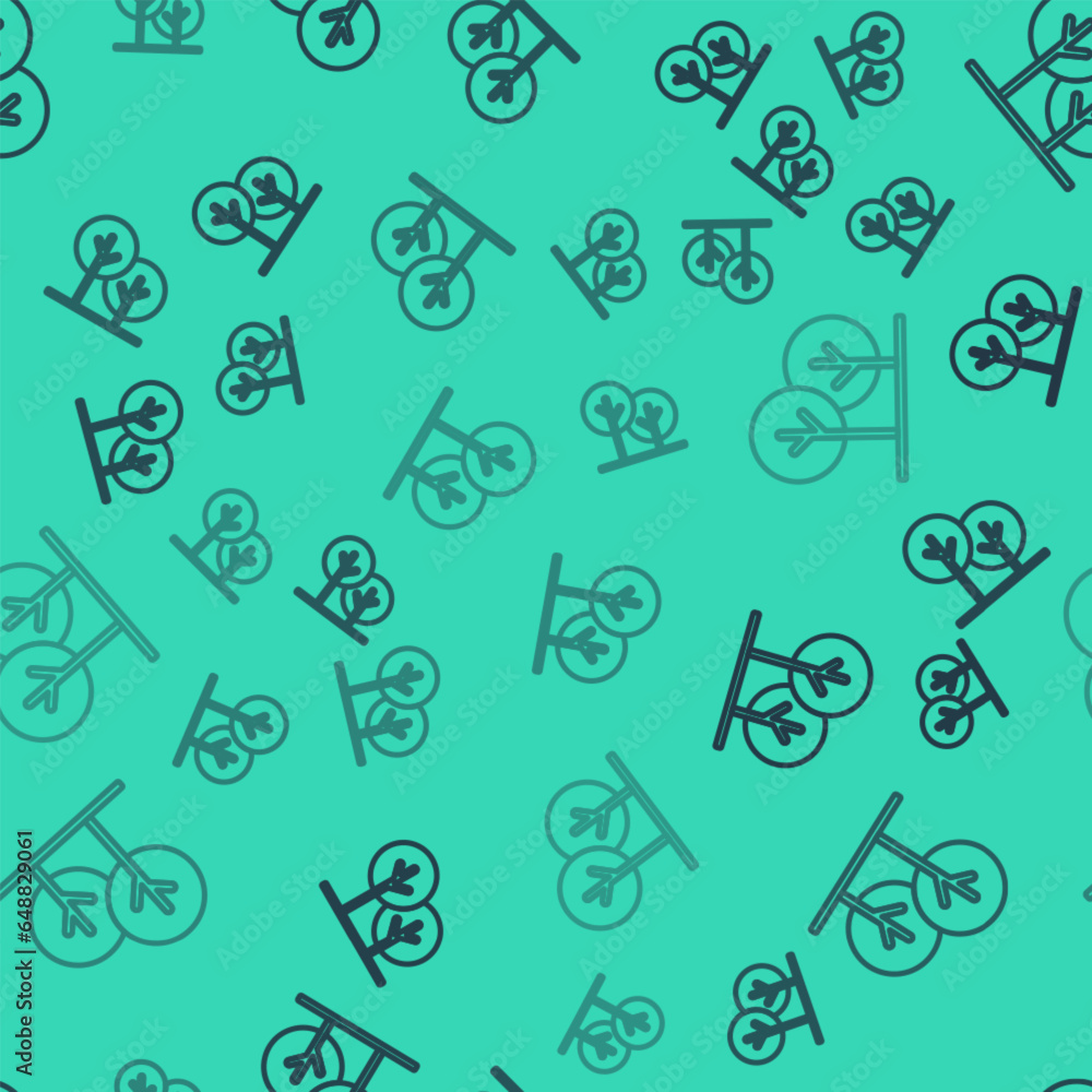 Poster black line tree icon isolated seamless pattern on green background. forest symbol. vector
