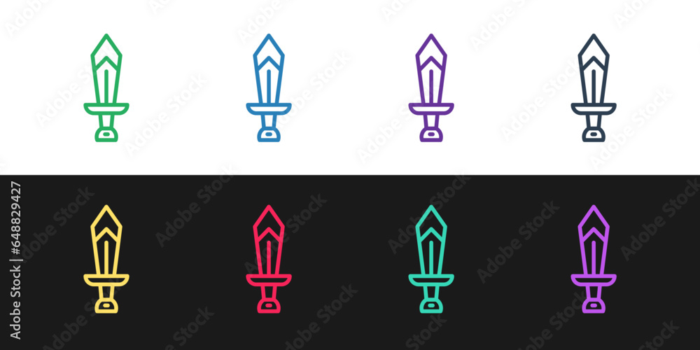 Poster set line sword for game icon isolated on black and white background. vector