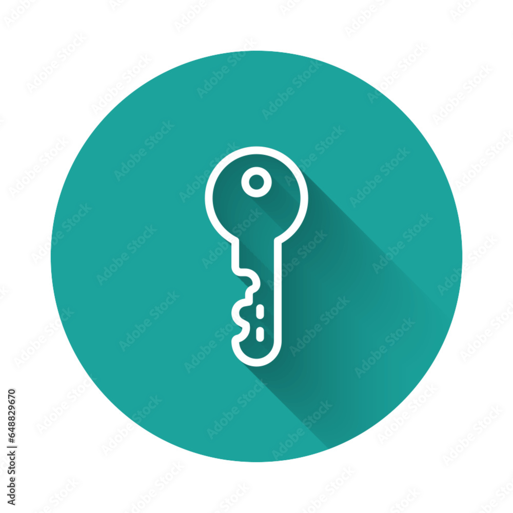 Poster white line house key icon isolated with long shadow background. green circle button. vector