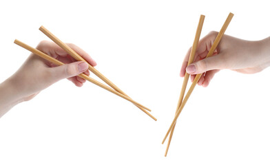 Woman holding chopsticks isolated on white, closeup. Collage with photos