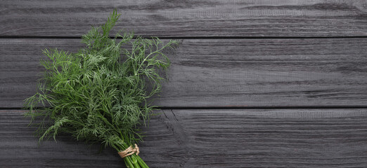 Fresh dill on grey wooden table, top view. Banner design with space for text