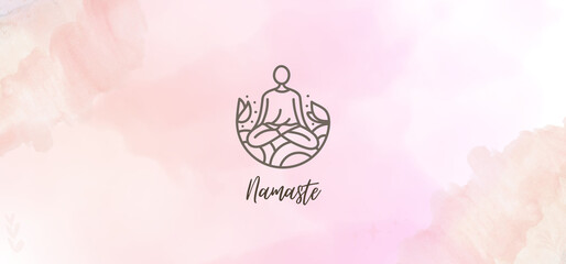 Zen concept logo,minimal meditation illustration with namaste lettering.zen concept website banner.