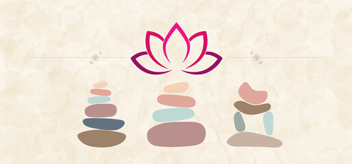 Balance stones with lotus symbol for spa. Zen concept website banner.