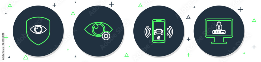 Poster set line invisible or hide, smart car alarm system, shield and eye and monitor with password icon. v