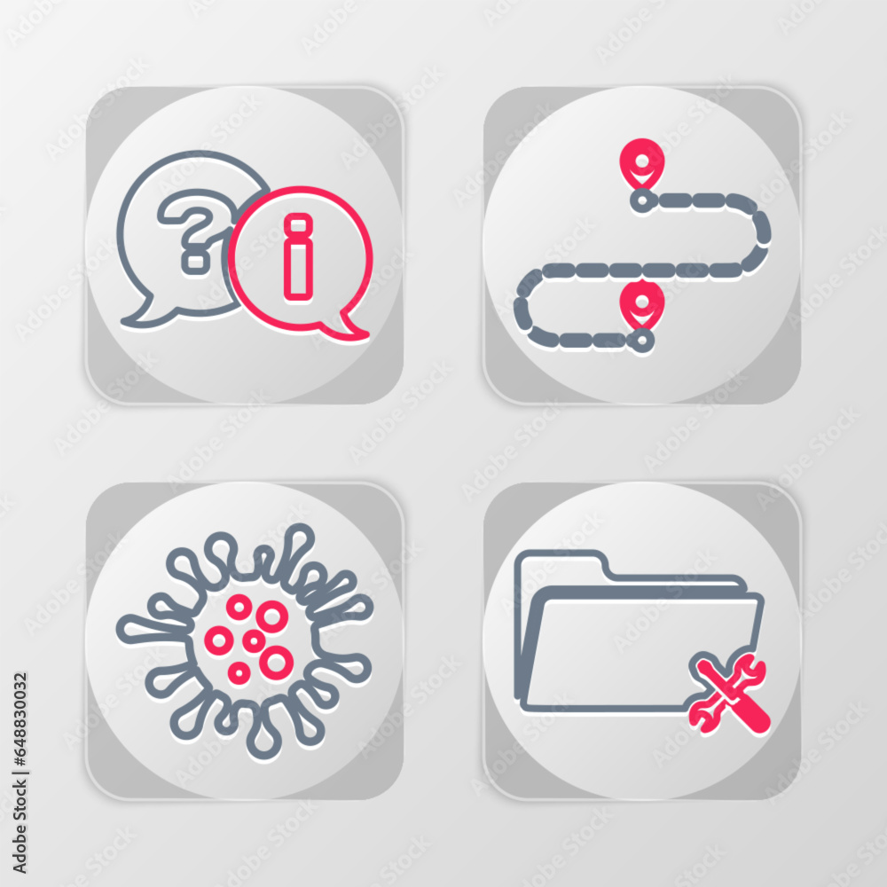 Poster set line folder service, bacteria, route location and question and exclamation icon. vector