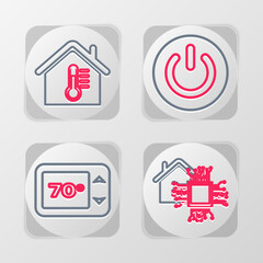 Set line Smart home, Thermostat, Power button and House temperature icon. Vector