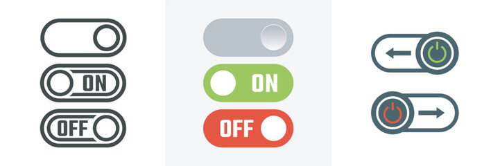 On-off power button icons set.Switch on switch off icon.Different style icons set.Red Off switch,green On switch button app interface slide buttons.Vector illustration