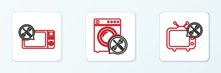 Set line Tv service, Microwave oven and Washer icon. Vector