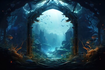 Underwater world, Seabed underwater coral background. underwater seascape with lost city, generative ai