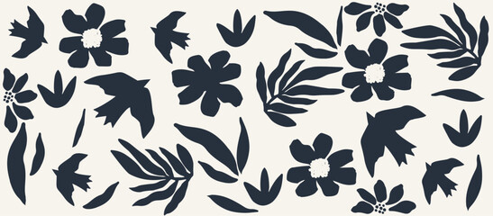Hand drawn simple abstract black leaves, birds, flowers and other botanical elements. Random cutout dark tropical foliage collage, ornamental texture, cute decorative pattern