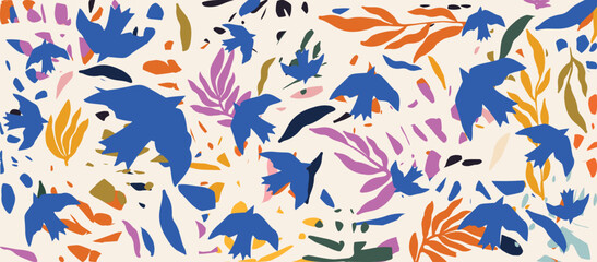 Fototapeta na wymiar Terrazzo inspired vector background with scattered abstract shapes, birds, chips, leaves, flowers and other botanical elements. Random cutout forms collage, ornamental texture, cute decorative pattern