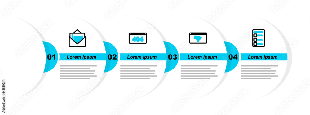 Poster set line create account screen on mobile, no internet connection, page with 404 error and envelope i