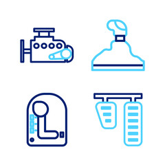 Set line Car gas and brake pedals, Gear shifter, and engine icon. Vector