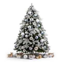 Fototapeta na wymiar Snowy Fir Tree Decorated with White and Silver Ornaments