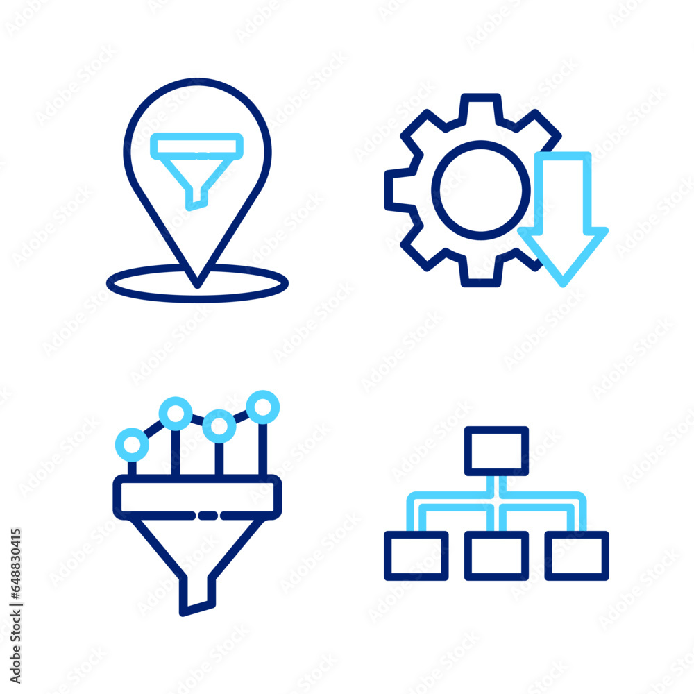 Poster set line hierarchy organogram chart, sales funnel with, cost reduction and location sales icon. vect