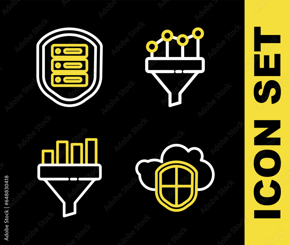 Poster set line sales funnel with chart, cloud and shield, and server icon. vector