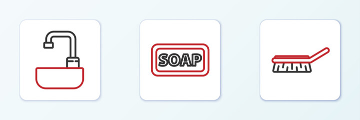 Set line Brush for cleaning, Washbasin with water tap and Bar of soap icon. Vector
