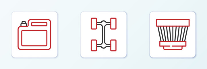 Set line Car air filter, Canister for motor oil and Chassis car icon. Vector