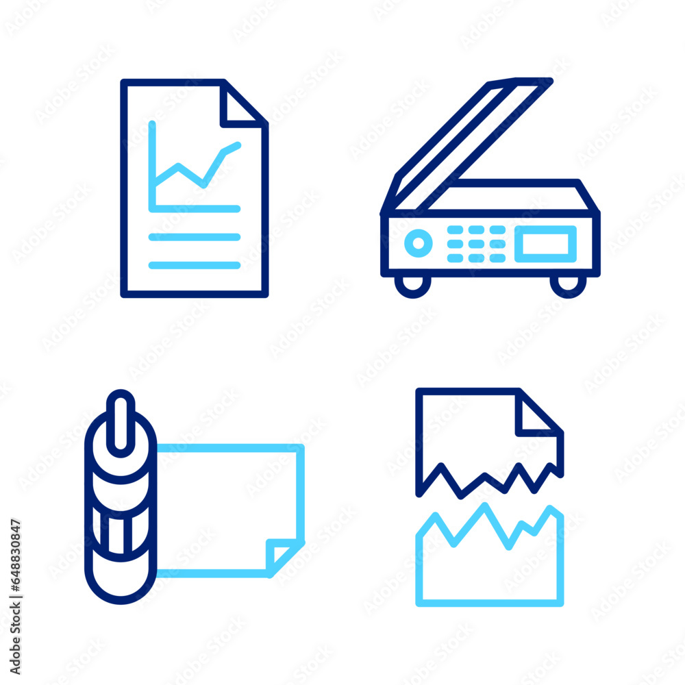 Poster set line torn document, roll of paper, scanner and document with graph chart icon. vector