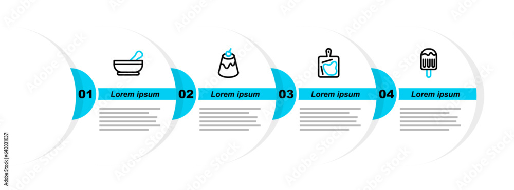 Poster Set line Ice cream, Cutting board, Pudding custard and Mortar and pestle icon. Vector