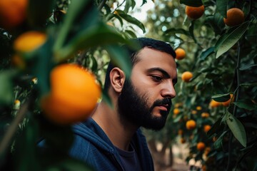 Young gardener harvesting the ripe orange fruit at orange trees on organic fruit farm, AI generated