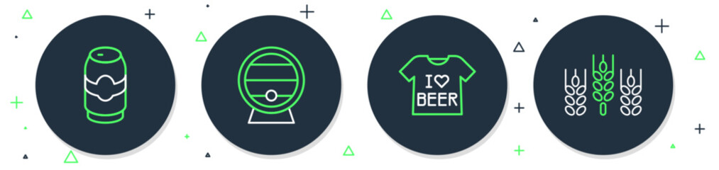 Set line Wooden barrel on rack, Beer T-shirt, can and Wheat icon. Vector