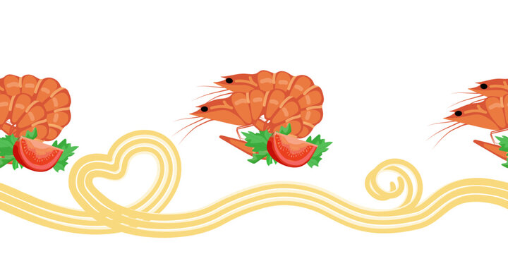 Seamless border of shrimp, cherry tomatoes with parsley and spaghetti pasta ribbon on a white background. Food vector illustration.