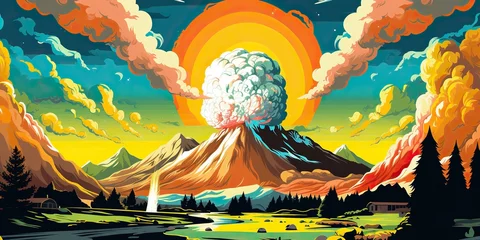 Foto auf Alu-Dibond AI Generated. AI Generative. Mountain vulcano nuclear explosion boom nature outdoor landscape cartoon style. Graphic Art © AkimD