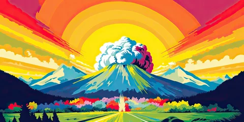 Zelfklevend Fotobehang AI Generated. AI Generative. Mountain vulcano nuclear explosion boom nature outdoor landscape cartoon style. Graphic Art © AkimD