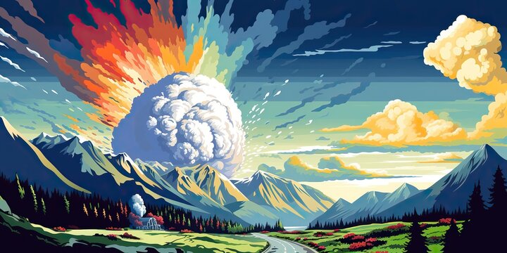 AI Generated. AI Generative. Mountain vulcano nuclear explosion boom nature outdoor landscape cartoon style. Dangerous adventure travel background