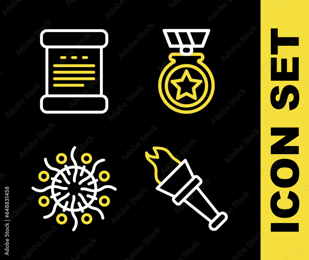 Poster set line medal with star, torch flame, firework and declaration of independence icon. vector