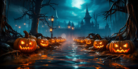 Spooky Halloween illustration party web banner background.