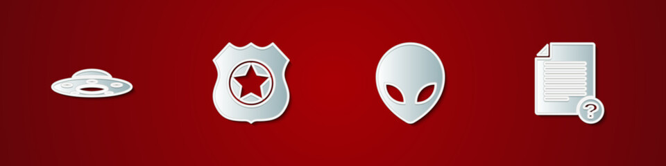 Set UFO flying spaceship, Police badge, Alien and Unknown document icon. Vector