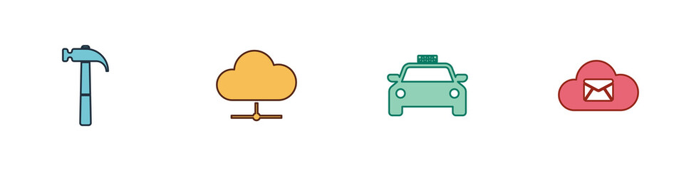 Set Hammer, Network cloud connection, Taxi car and Cloud mail server icon. Vector