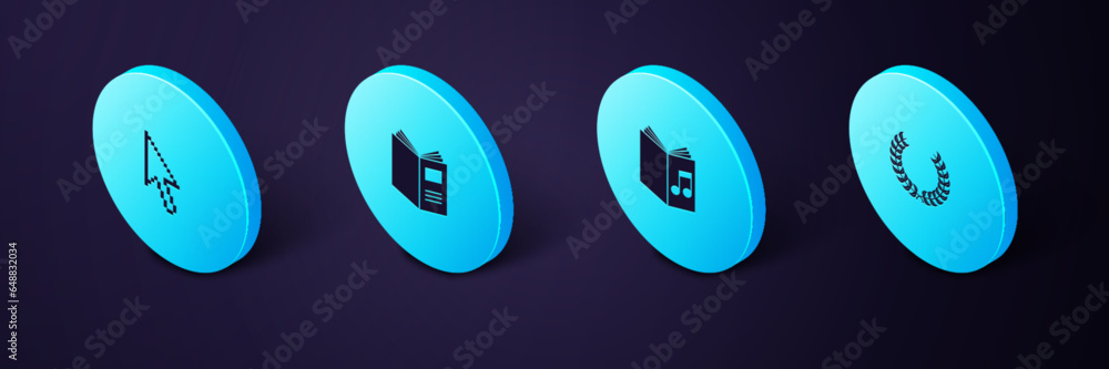 Poster set isometric laurel wreath, audio book, open and pixel arrow cursor icon. vector