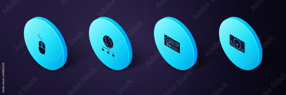 Poster set isometric video game console, create account screen, computer network and mouse icon. vector
