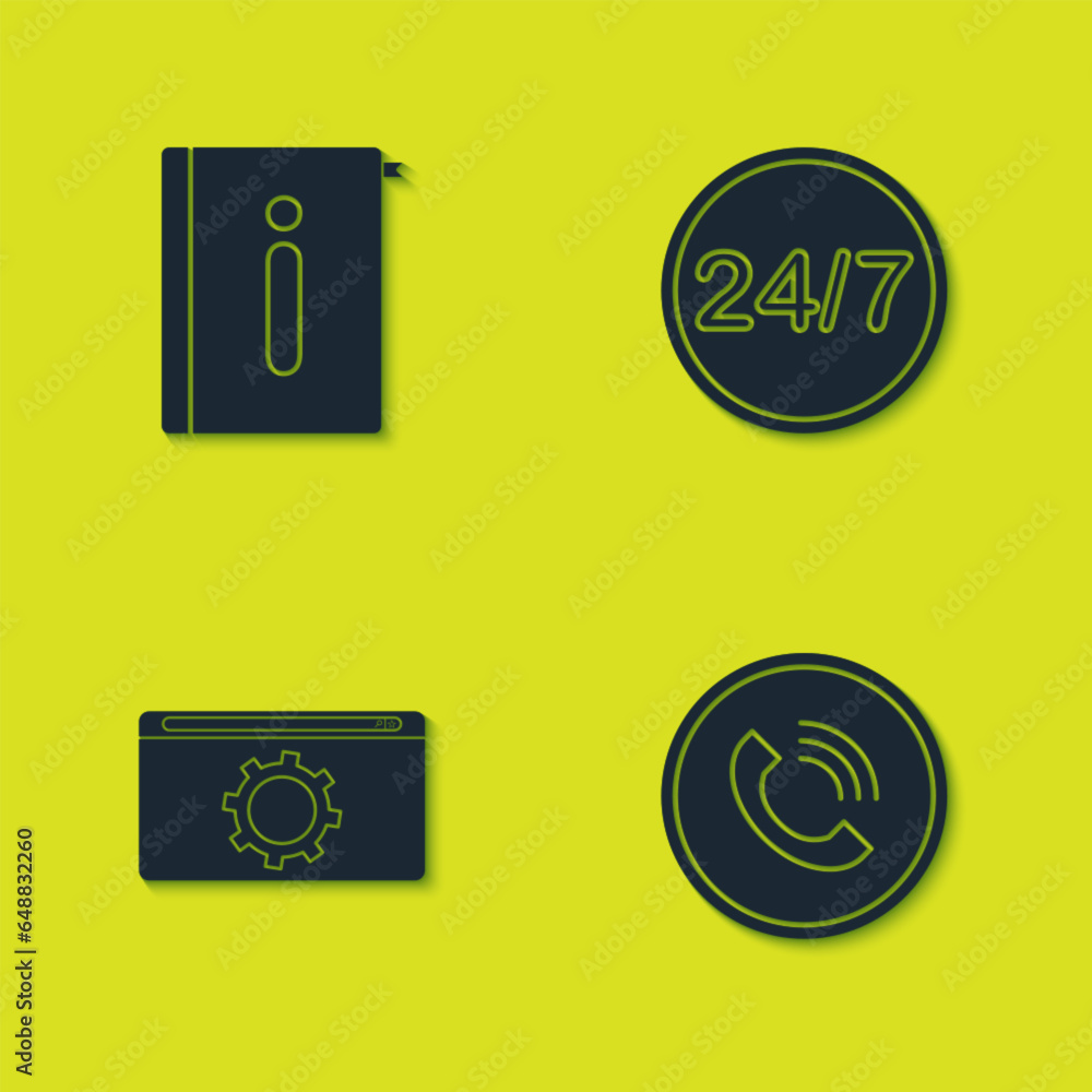Poster set user manual, phone call, setting and clock 24 hours icon. vector