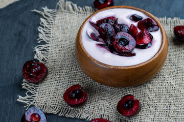 fresh cow's milk yogurt with cherry berries, dairy products