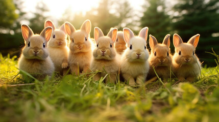 A group of funny rabbits on green grass close-up