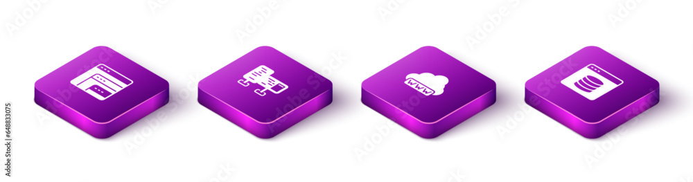 Poster set isometric software, computer monitor screen, web development and server, data, hosting icon. vec