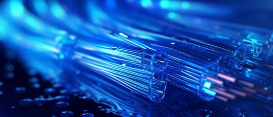 Fiber optic cable internet connection with blue neon lighting..generative ai