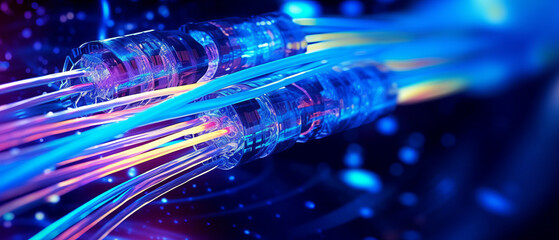 Fototapeta na wymiar Fiber optic cable internet connection with blue neon lighting..generative ai