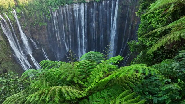 Aerial view from a drone camera of Tumpak Sewu Falls. Also known as Koban Sewu. Tumpak Sewu Waterfall in the morning is a tourist attraction in East Java. Indonesia