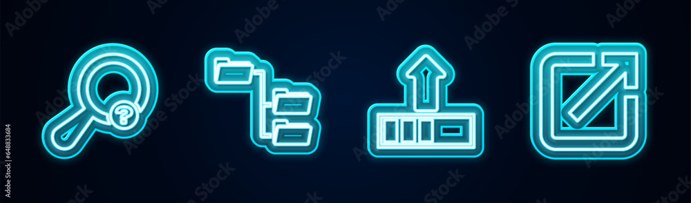 Poster set line unknown search, folder tree, loading and open new window. glowing neon icon. vector